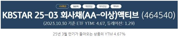 2025년 3월 만기가 돌아오는 'kbstar 25-03회사채(aa-이상) 액티브의 만기수익률은 4.67%.